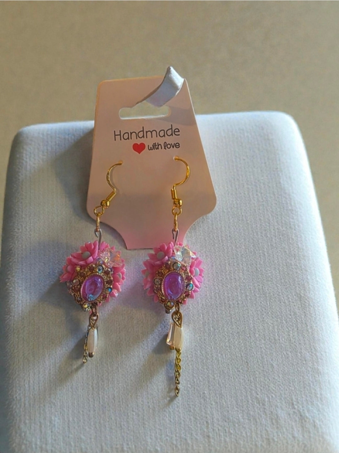 Handmade Coquette Floral Dangle Earrings Gold Tone Bow Crystal Charm